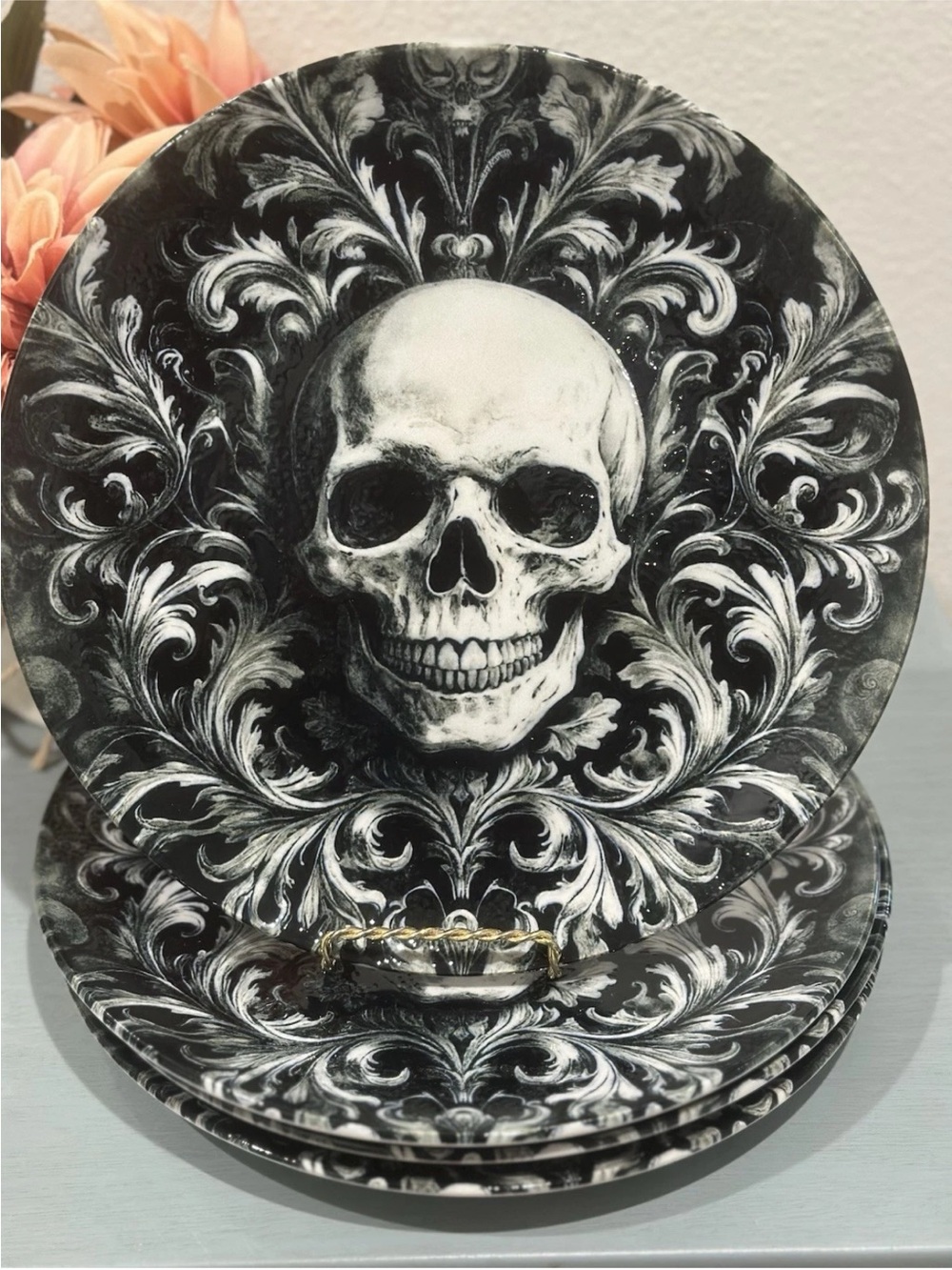 4pc ZRIKE Halloween Black Gothic Skull
Vines Dinner Plates 10.5" Ceramic